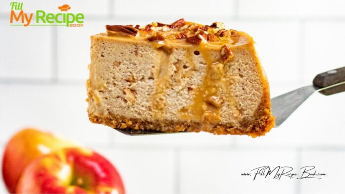Instant Pot Salted Caramel Apple Cheesecake recipe. Delicious easy recipe for dessert for tea and decorated with pecan nuts for crunch.