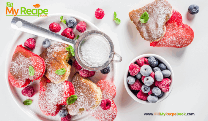 Mini Heart Pancakes with Berries recipe idea. Cook this easy Pink breakfast or snack for Valentines or other special days with fruit.