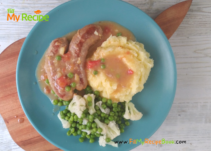 Bangers and mash with gravy and vegetables recipe. Easy meal for a lunch or supper on stove top and tips on how to make mash potato.