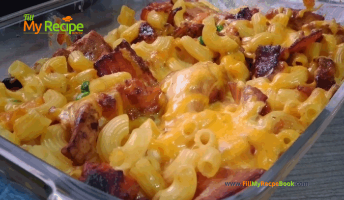 Chicken Bacon Butternut Pasta Dish recipe idea. All in one creamy casserole for a dinner or lunch meal for the family on those chilly days.