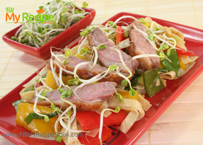 Crispy Chinese Duck Breast recipe with noodles and sauce. An easy fine dining meal, seared duck breast with alfalfa sprouts, bell peppers.