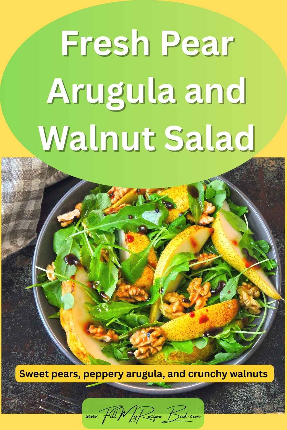 This Fresh Pear Arugula and Walnut Salad is light, crisp, and full of flavor. Sweet pears, peppery arugula, and crunchy walnuts come together for an easy, elegant side dish or starter.