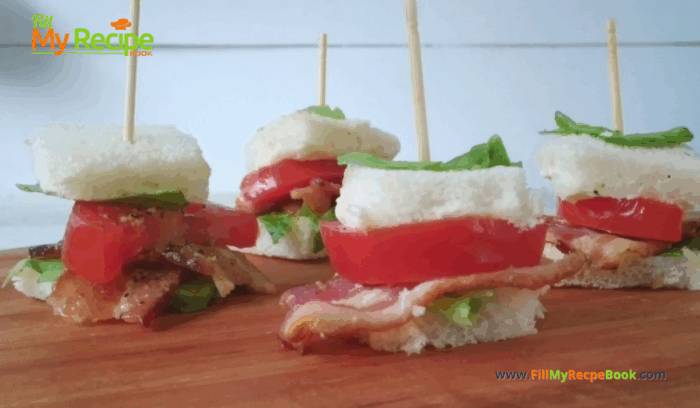 Mini BLT Toothpick Appetizers recipe idea for a party. Great finger food sandwich that are a one bite savory appetizer on toothpick skewers.