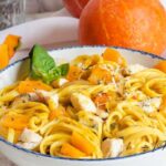 Cozy up with this creamy pumpkin pasta with chicken and tagliatelle in a rich pumpkin sauce. A perfect fall dinner full of comfort and flavor.