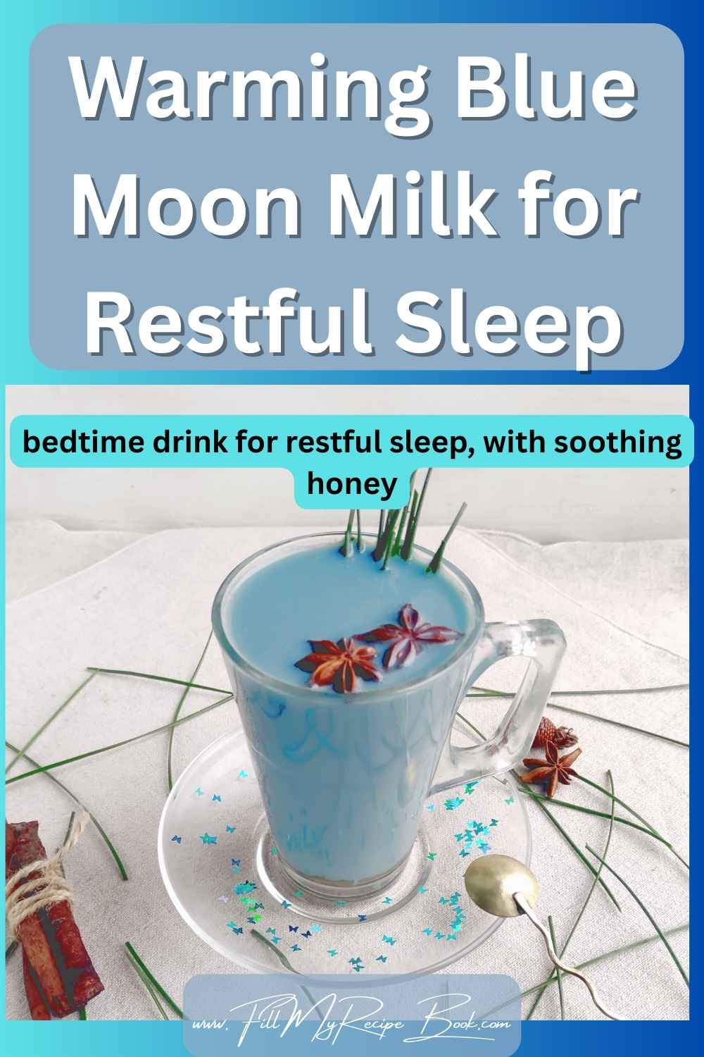 Warming Blue Moon Milk with butterfly pea flowers and spices. A soothing, caffeine free bedtime drink for restful sleep, with soothing honey.