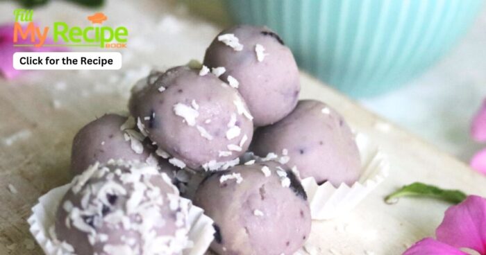 Blueberry White Chocolate Truffle Balls recipe. Easy candy to create, a no bake dessert or snack, with the best flavors rolled in coconut.