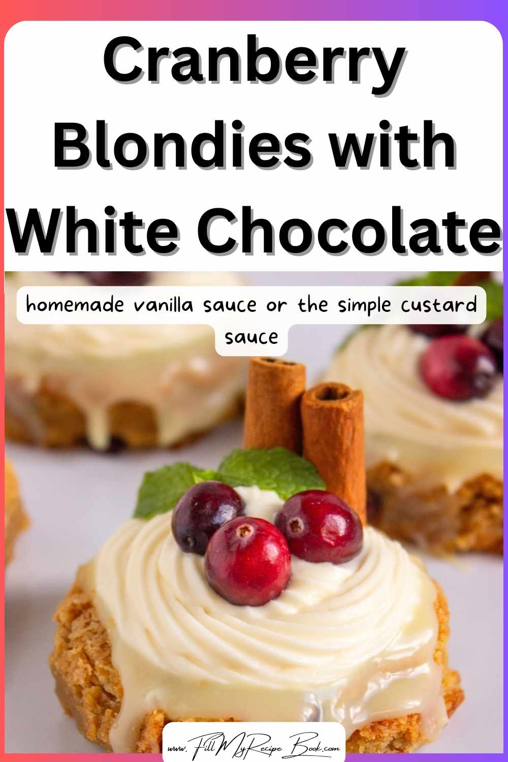 Bake these soft Cranberry Blondies with White Chocolate for a festive treat! A sweet, buttery dessert with cream cheese frosting.