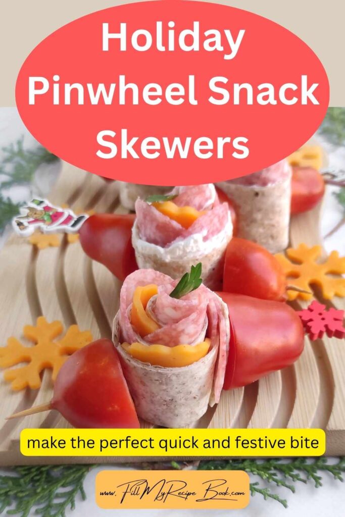 Make these festive Holiday Pinwheel Snack Skewers in just 10 minutes! Whole-wheat tortillas, salami, cheddar, and cream cheese for easy appetizers.