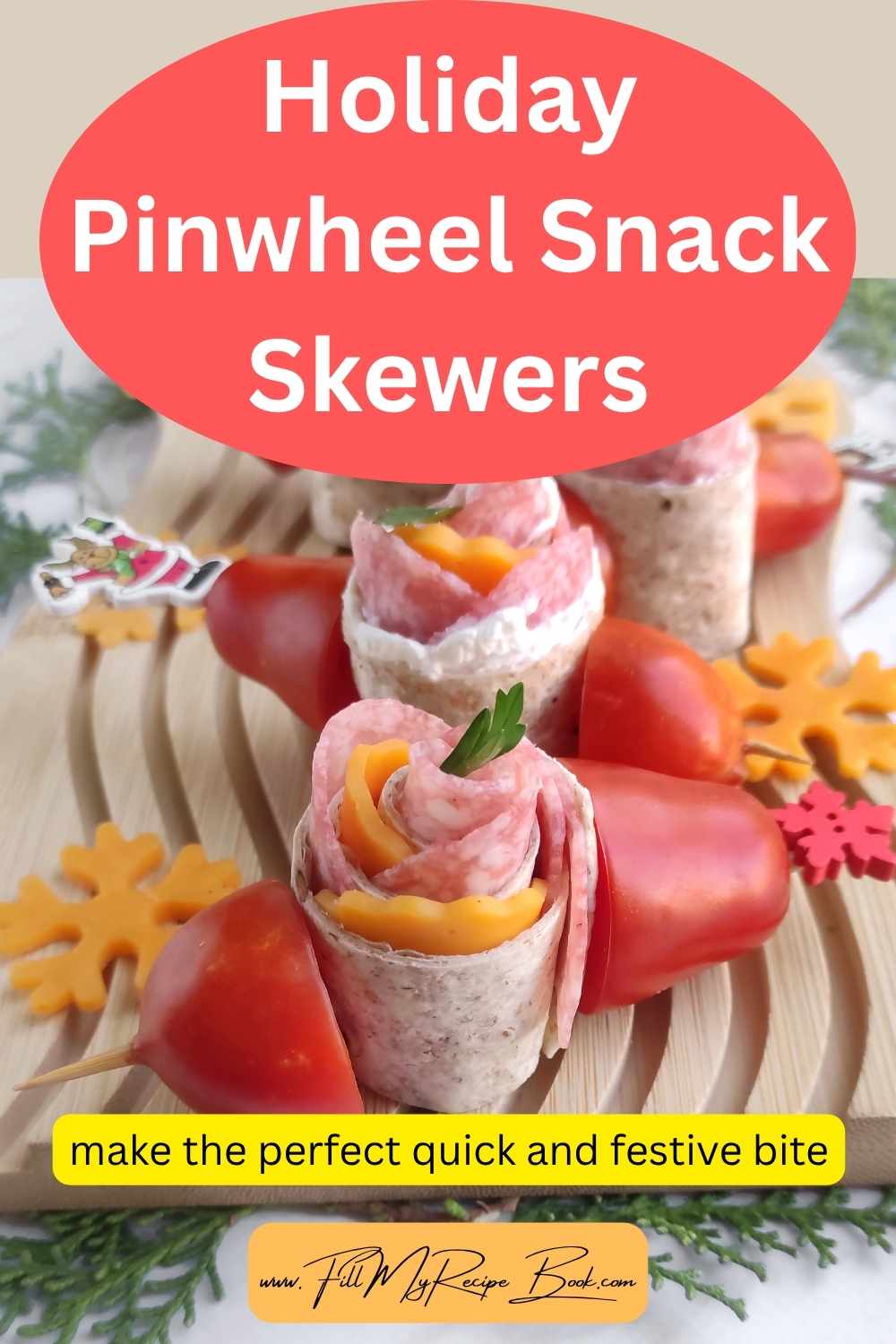 Make these festive Holiday Pinwheel Snack Skewers in just 10 minutes! Whole-wheat tortillas, salami, cheddar, and cream cheese for easy appetizers.