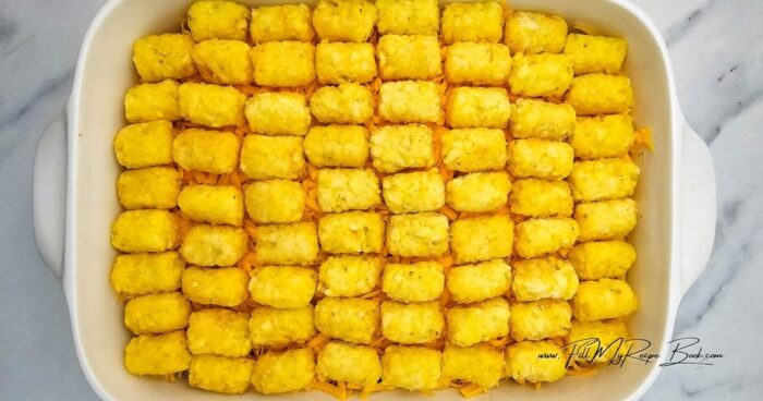 Arrange tater tots to cover the top in an even layer. Discard or save any extras.