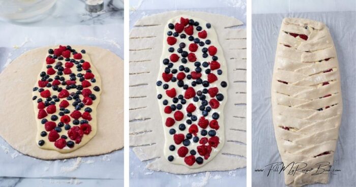 Leaving dough on parchment paper, transfer both to a flat baking sheet.
Spread filling mixture down length of dough in a 3-1/2 in width, stopping about 1/2 inch before each end.
Sprinkle raspberries and blueberries across the filling.
On the long edges, cut 1-inch strips, going about 3-1/2 inches in toward the center.
Fold strips, at an angle, alternating sides, in toward the center, overlapping each one. Pinch each short end and fold under.
Add 1 tbsp. water to one egg white and whip with a whisk or fork to combine. Brush egg white mixture over dough.
