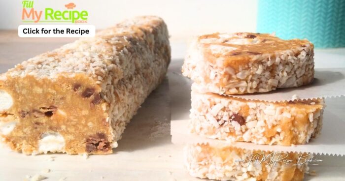 Marshmallow Fridge Cake Biscuits recipe idea for a dessert. A no bake recipe with crushed biscuit and condensed milk, coconut coated treat.