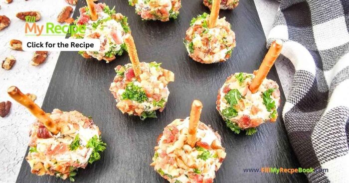 Mini Appetizer Cheeseballs Bites recipe for a No Bake party snack. Easy individual cheeseballs with bacon, pecan nuts, with a pretzel stick.