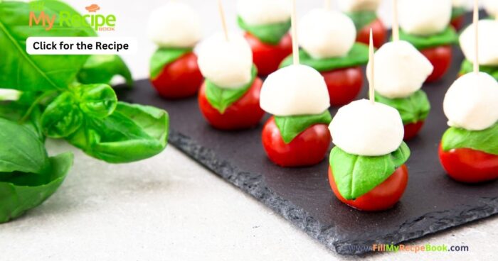 Mini Caprese Salad Skewers recipe idea for an appetizer, using cocktail toothpicks for a finger food, served with a reduced balsamic vinegar.