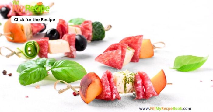 Mini Salami Feta Peach Skewer recipe ideas with fruit and fresh cold salad and feta appetizers. A cocktail party finger food for a crowd.