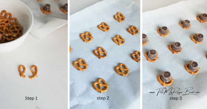 Preheat the oven to 250 deg. F (120 deg. C) and place parchment paper on a baking sheet.
Cut each pretzel twist in half down the middle.
Place the whole pretzels on the baking sheet making the rounded edge at the top.
Place a rolo candy on each pretzel.
Place the baking sheet with the pretzels and rolo candy in the oven until the chocolate softens, but doesn’t melt. This will take about 2 minutes.