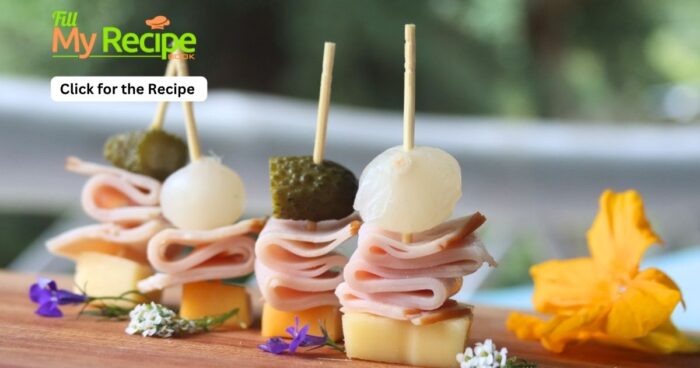 Make these Easy Savory Toothpick Appetizers Ideas or finger foods recipe. Bite size cold foods for a party with turkey, cheese on pickles.