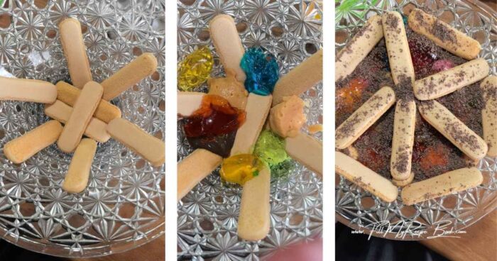 The day before you serve the trifle bowl, make it up.
With your finger biscuits, add them at the bottom of the bowl, star shaped and some broken up biscuits in the middle. (this way they will soak up any liquid from the puddings)