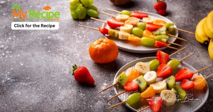 Simple Fruit Skewers Appetizers recipe idea with a yogurt dip. A homemade fruit snack or dessert that is kid safe, a platter for a party.