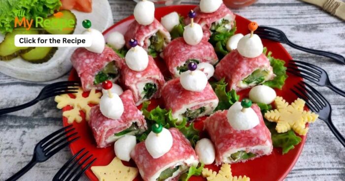 Smoky Salami Cream Cheese Appetizer recipe idea for Christmas and parties. An easy cold roll up on skewer stick with pickles.