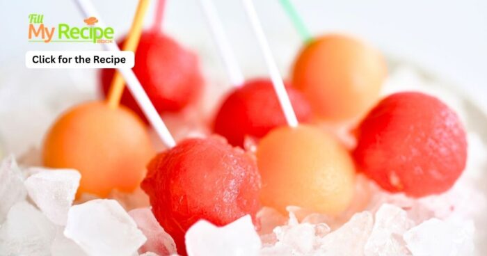 Watermelon and Melon Balls Appetizers recipe on toothpicks or skewers for a cool thirst quenching summer snack to hydrate in the hot days.