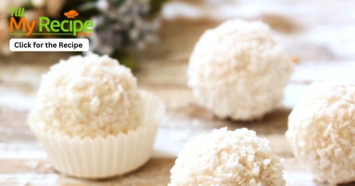 White Chocolate Coconut Truffles balls recipe. So easy to make with just four ingredients for a dessert or candy rolled in desiccated coconut.