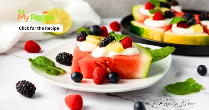 Easy, healthy watermelon berry pizza recipe topped with Greek yogurt and honey, made in minutes with no added sugars for snacks.