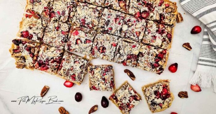 for the recipe see all on the page.
Once the crust is done, pour the mixture in and spread it evenly with a silicone spoon.
Bake for an additional 20 minutes, until the edges are golden.