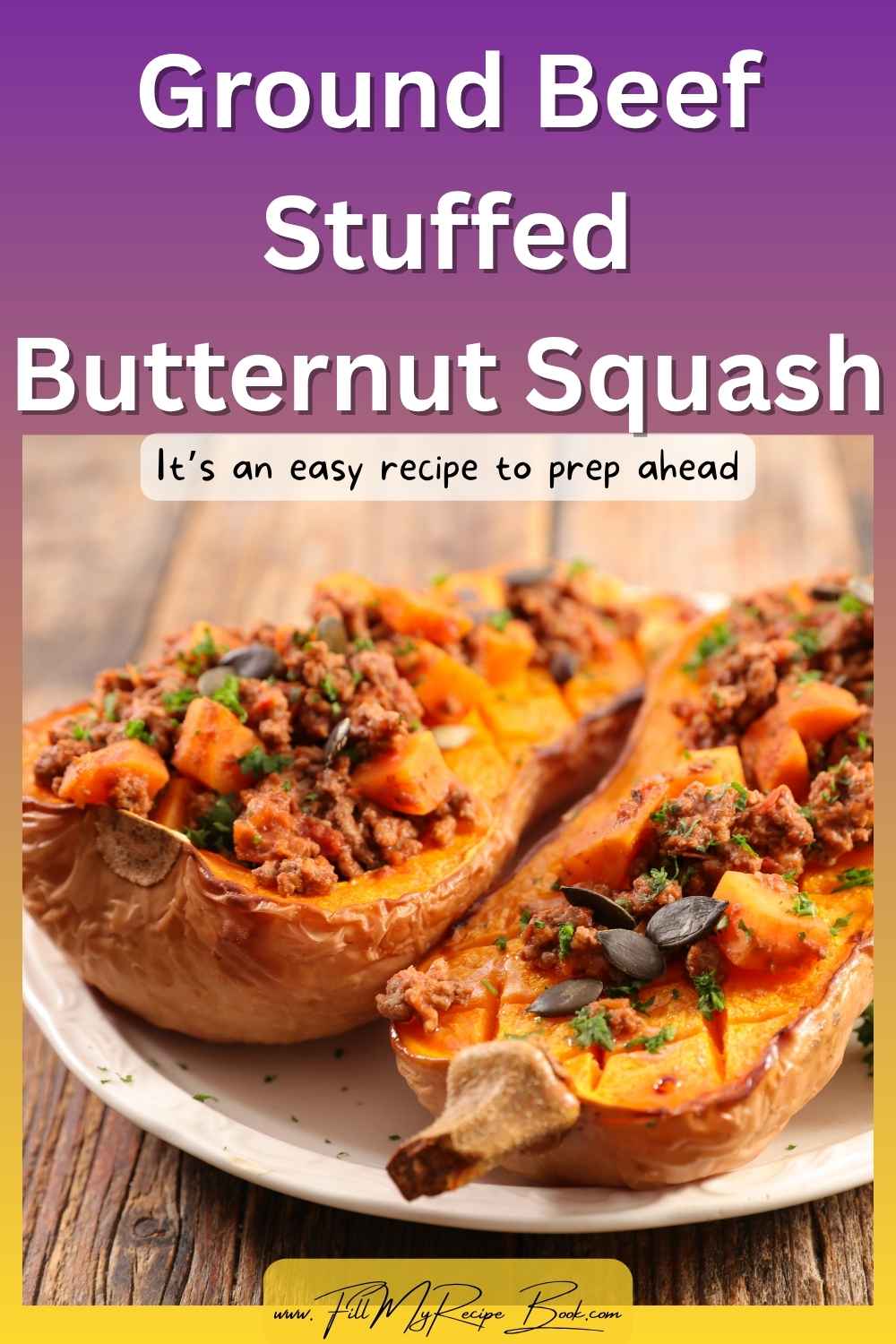 Enjoy this easy Ground Beef Stuffed Butternut Squash recipe. A cozy, flavorful dinner filled with seasoned beef, and veggies.
