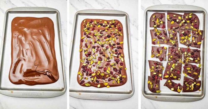 Line a baking sheet with parchment paper. Chop the chocolate into smaller pieces and add to a microwave safe bowl. Heat in 30 second intervals until melted. OR melt the chocolate in a glass bowl, over a pot of boiling water. Stir until incorporated. Take off.
Pour the chocolate over the parchment and spread into an even layer about ¼ inch thick. Sprinkle dried cranberries and pistachios over the top.
