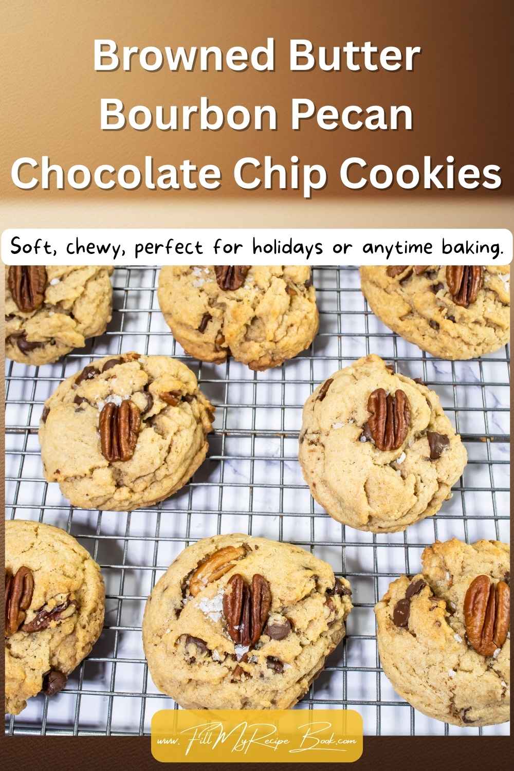 Browned butter bourbon pecan chocolate chip cookies with rich, nutty flavor. Soft, chewy, perfect for holidays or anytime baking.