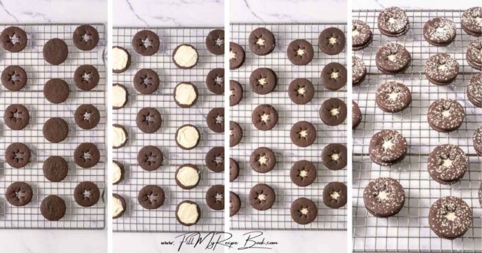 For the frosting filling. In the bowl of a stand mixer, combine the softened butter and cream cheese and mix well, until there are no lumps and the mixture is smooth.
Add in the powdered sugar, salt and vanilla. Mix on low until combined. Scrape down the sides and bump up the speed to medium for about 2 minutes or until the frosting is smooth and fluffy.
Once the cookies are completely cool, spread a layer of frosting over the top of the solid cookie.
Top with the cookie with the center removed.