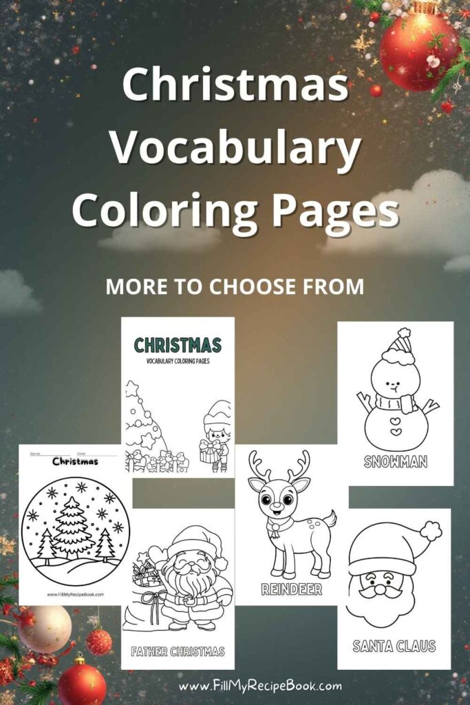 Printable Christmas vocabulary coloring pages for kids. Enjoy festive learning with easy, fun holiday-themed words to color.