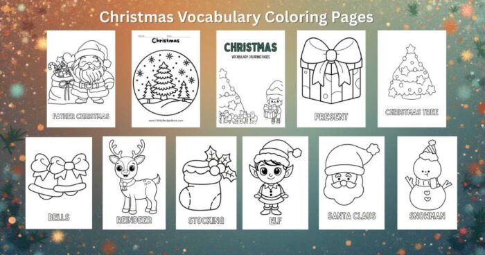 Printable Christmas vocabulary coloring pages for kids. Enjoy festive learning with easy, fun holiday-themed words to color.