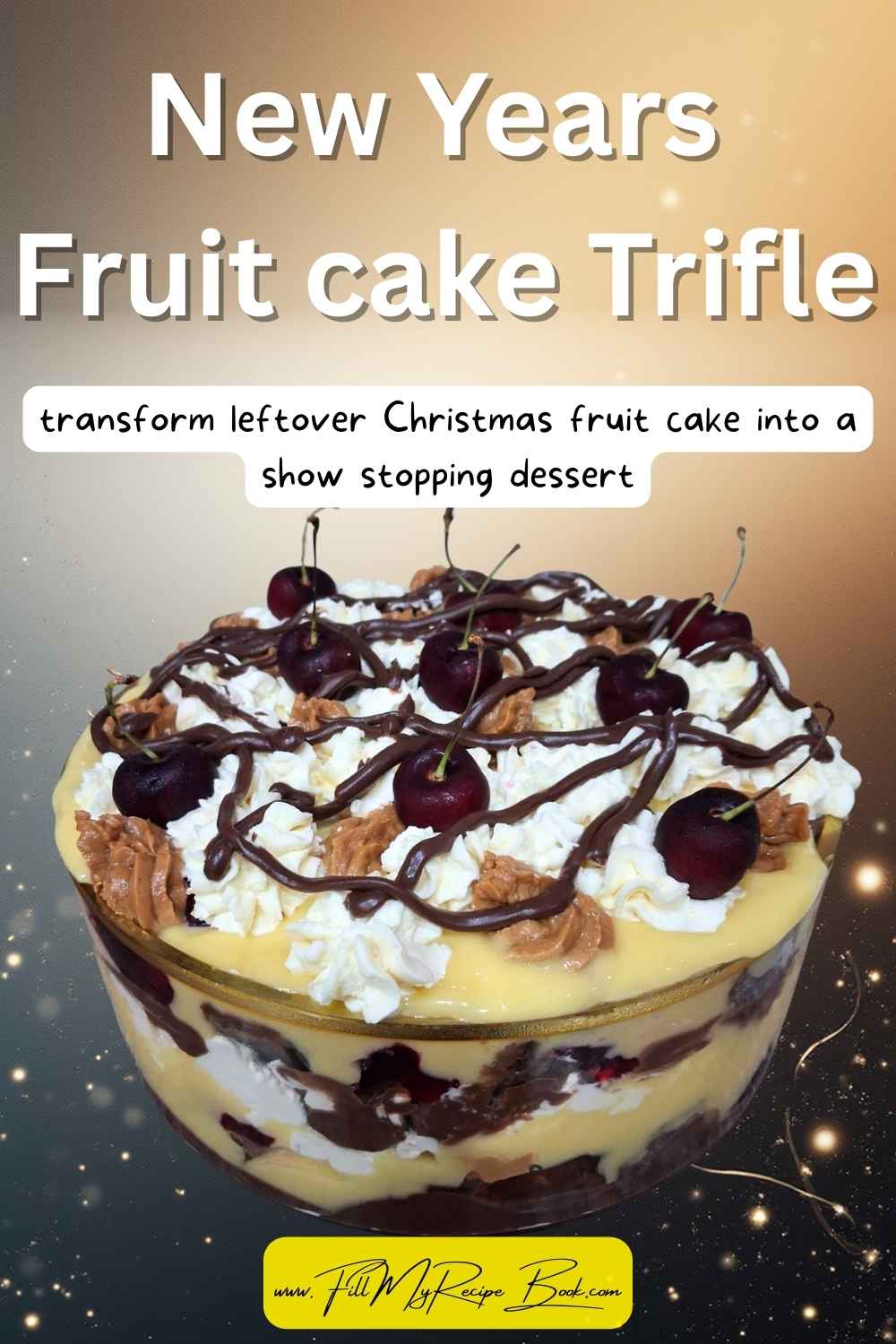 New Year’s Fruit Cake Trifle made with layers of leftover Christmas cake. A simple, no bake dessert perfect for celebrations.