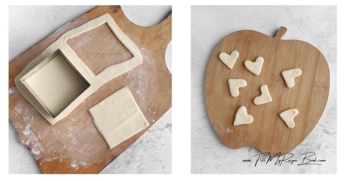 Transfer the completely thawed dough to a floured board and roll out to a thickness of 1/10 inch. Using a 4 x 4-inch square cookie cutter, shape the base. You will have 6 squares.
Form small hearts with the remaining dough.
