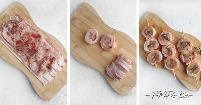 Lay overlapping bacon strips on the board, place the chicken on top, season well.