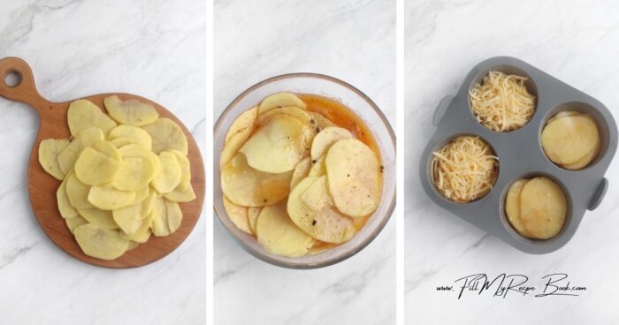 Tender layers of thinly sliced ​​potatoes are drenched in a creamy sauce, and the combination of two types of cheese creates a pleasant flavor and a delicious golden crust. Baking in muffin pans makes the dish neat and easy to serve. 