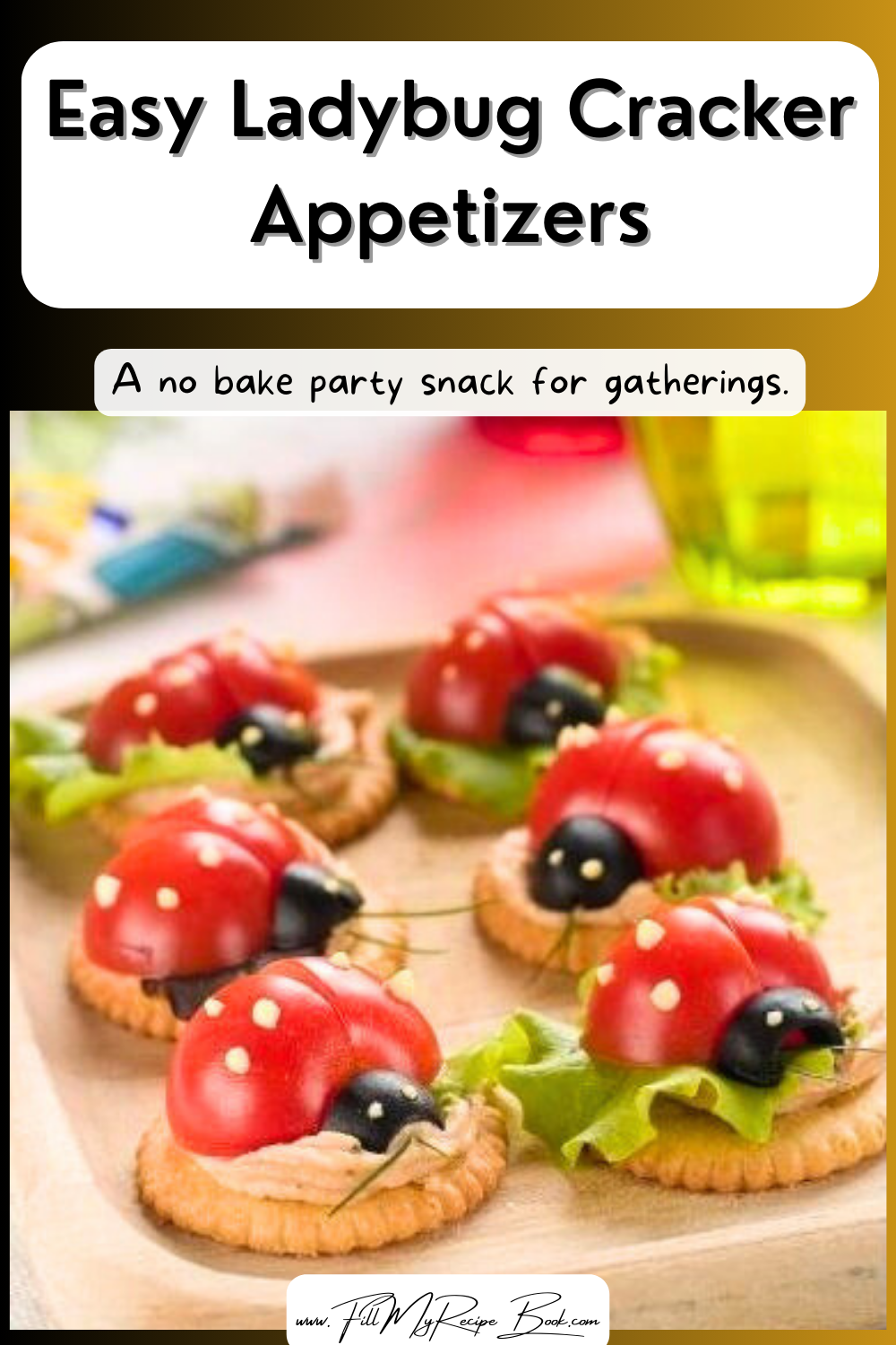 Adorable easy ladybug cracker appetizers with flavored cream cheese, crisp lettuce, and cherry tomatoes. A no bake party snack for gatherings.