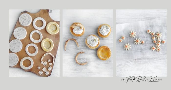 Preheat oven to 375°F (190°C). Roll out the dough to a thickness of 1/8-inch. Using a cookie cutter, form 12 circles, each 3-4 inches in diameter. Cut out the centers of 6 circles. Prick the remaining 6 circles with a fork. Place the rims on the base and brush with egg yolk. Braid the remaining dough and shape them into semicircles for the basket handles. Brush the basket handles with egg yolk. Cut out small daisies from the dough. Bake in the oven for 4 minutes for the daisies, 10 minutes for the handles, and 15 minutes for the baskets. Cool.