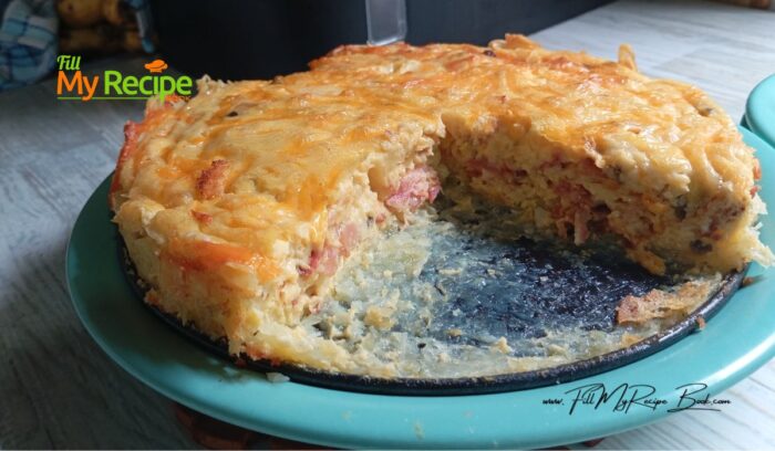 Hash Brown Bacon Mushroom Quiche and onion recipe for breakfast or brunch. An easy recipe to make with a potato crust, rather than pastry.