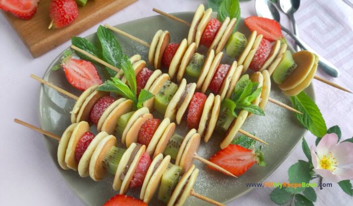 Mini Nutella Pancakes with Fruit Skewers recipe idea. Easy, fun breakfast or brunch that kids can help assemble, for special occasions.