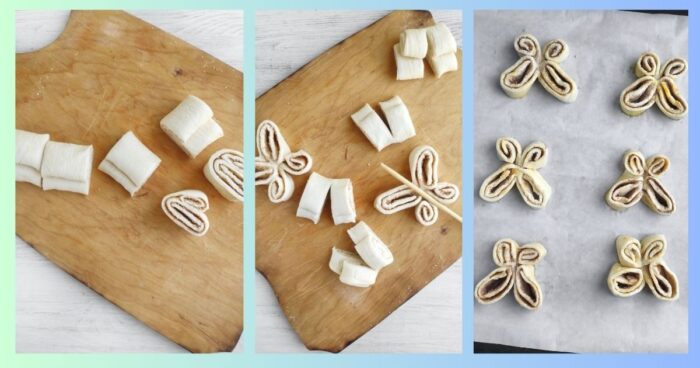 Start by rolling out the puff pastry into large rectangles and coating the surface with a sweet cinnamon sugar mixture for that classic caramelized palmier flavor. Each pastry sheet is then carefully rolled inward from both long sides toward the center, creating the signature butterfly shape with delicate layered wings.
Once folded and sliced, the pastries are gently shaped by hand to open the wings and form pretty butterfly cookies. A small press in the center helps the pastries hold their shape as they puff and bake into crisp golden treats with flaky caramelized layers.