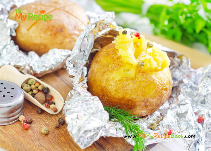 Baked Potato in Foil on Coals. Potato with skin on in foil baked on coals as a side dish idea.