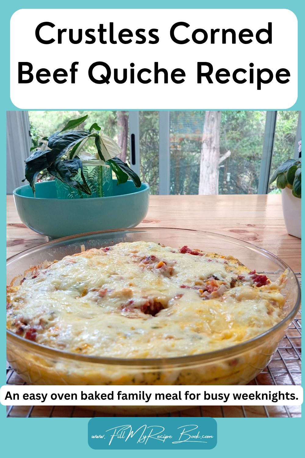 Crustless corned beef quiche recipe made with fried onions, mushrooms and sweet corn. An easy oven baked family meal for busy weeknights.