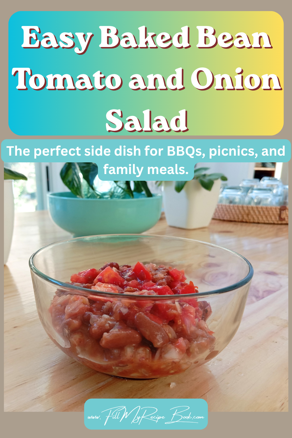 Enjoy this Easy Baked Bean Tomato and Onion Salad made with fresh tomatoes. The perfect side dish for BBQs, picnics, and family meals.