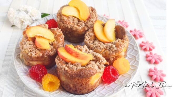 An oven bake with seasonal peaches for a breakfast muffin or brunch and even school lunches.