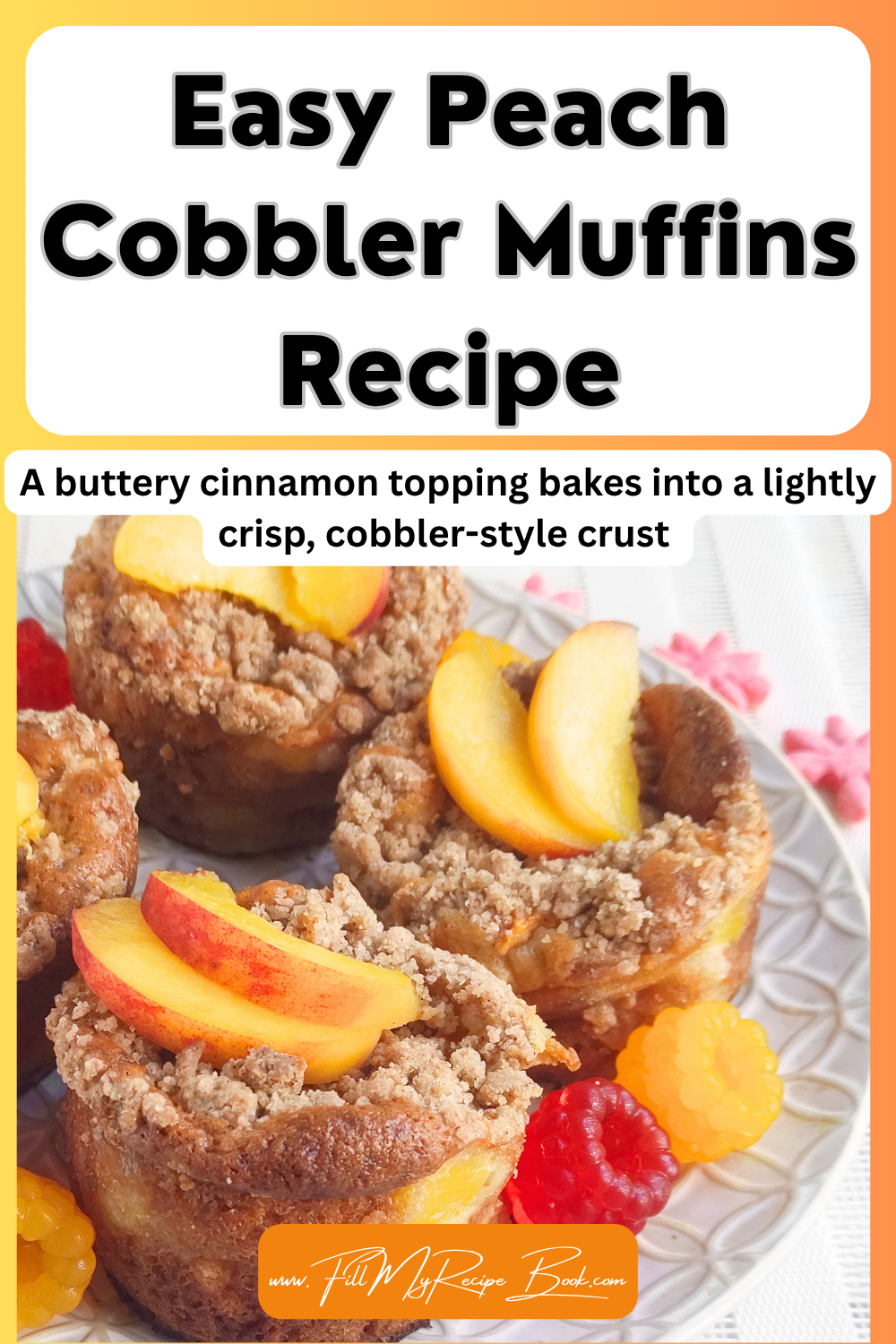 Easy Peach Cobbler Muffins Recipe made with fresh peaches, Greek yogurt, and a buttery cinnamon topping. Soft, moist, and perfect for breakfast.