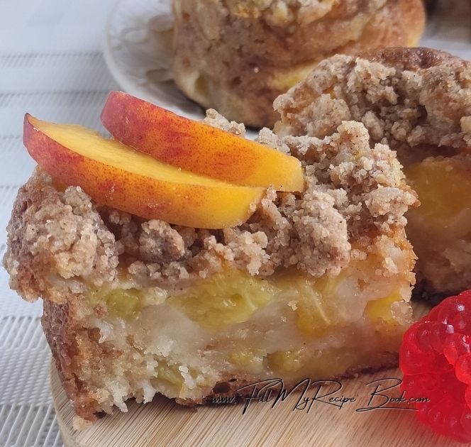 An oven bake with seasonal peaches for a breakfast muffin or brunch and even school lunches.