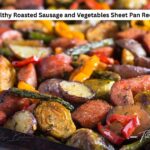 Healthy roasted sausage and veggies sheet pan recipe. A quick and easy meal with protein and vegetables roasted on a sheet pan together for and easy cleanup.